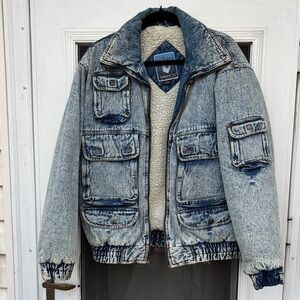 Sasson Men’s Blue Denim Bomber Multi Pockets Fleece Lining 80’s Jacket-L
